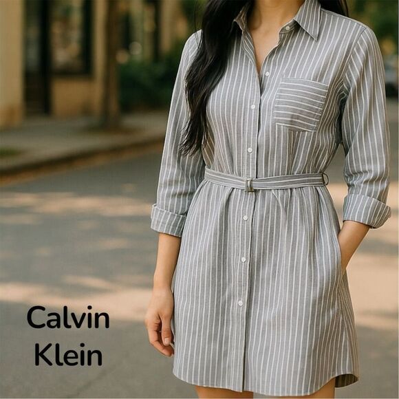 Calvin Klein Black White Striped Long Sleeve Belted Button Down Shirt Dress - Picture 1 of 10